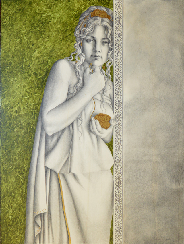 Ariadne. Graphite drawing, enamel and oil painting on wood