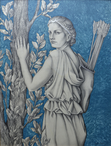 Diana. Graphite drawing, oil paint and silver leaf on wood