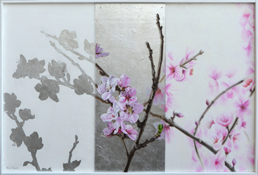 Fiori di pesco. Foglia d’argento, olio su plexiglas e tavola