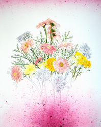 Gerbera Daisies. Oil and acrylic painting, and graphite drawing on wood