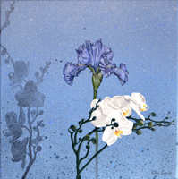 Iris e orchidee. Olio e acrilico su tela