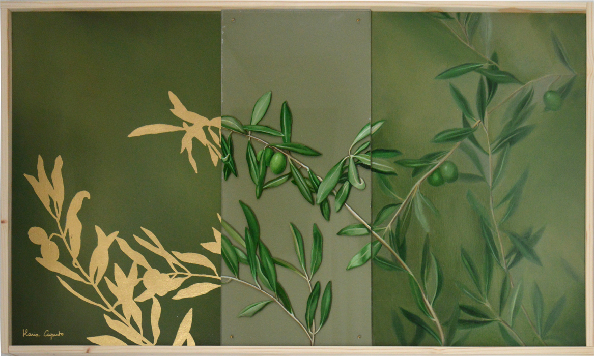 The Olive Tree. Oil painting on wood and Plexiglas, golden leaf on wood
