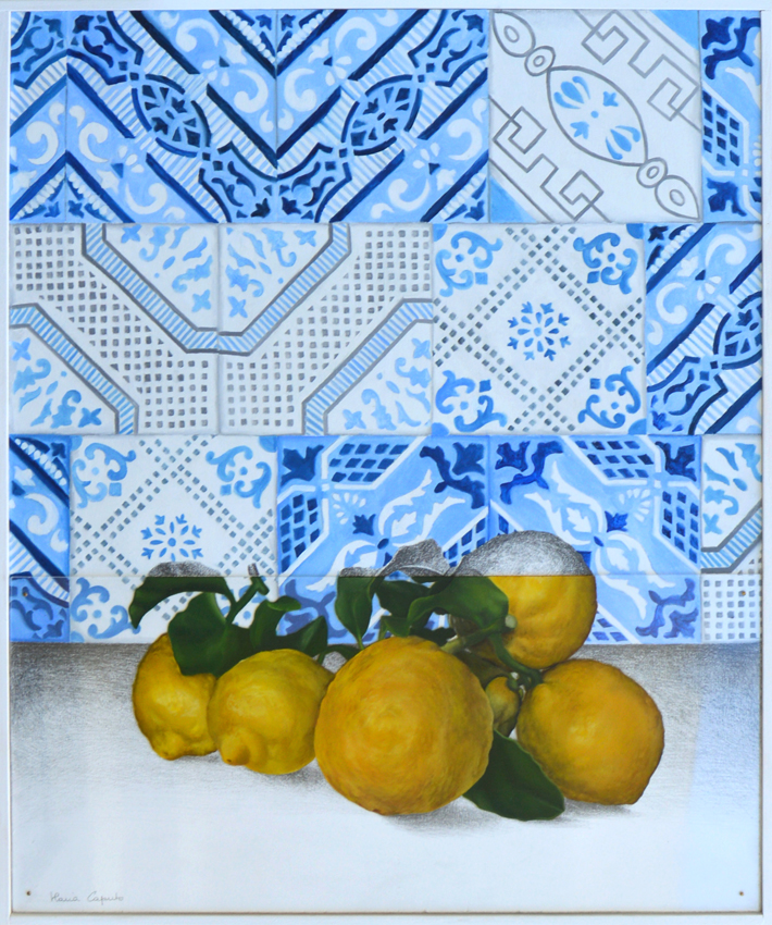 Lemons and Tiles. Oil painting and graphite on wood, oil painting on Plexiglas