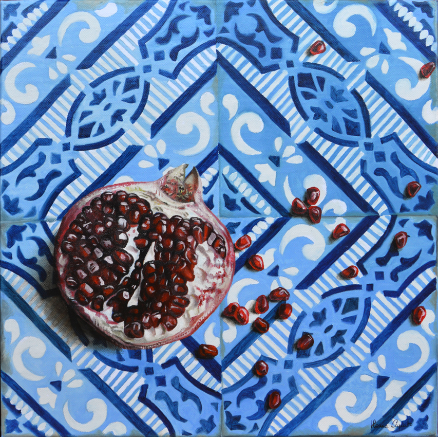 Pomegranate on Tile. Oil painting on canvas